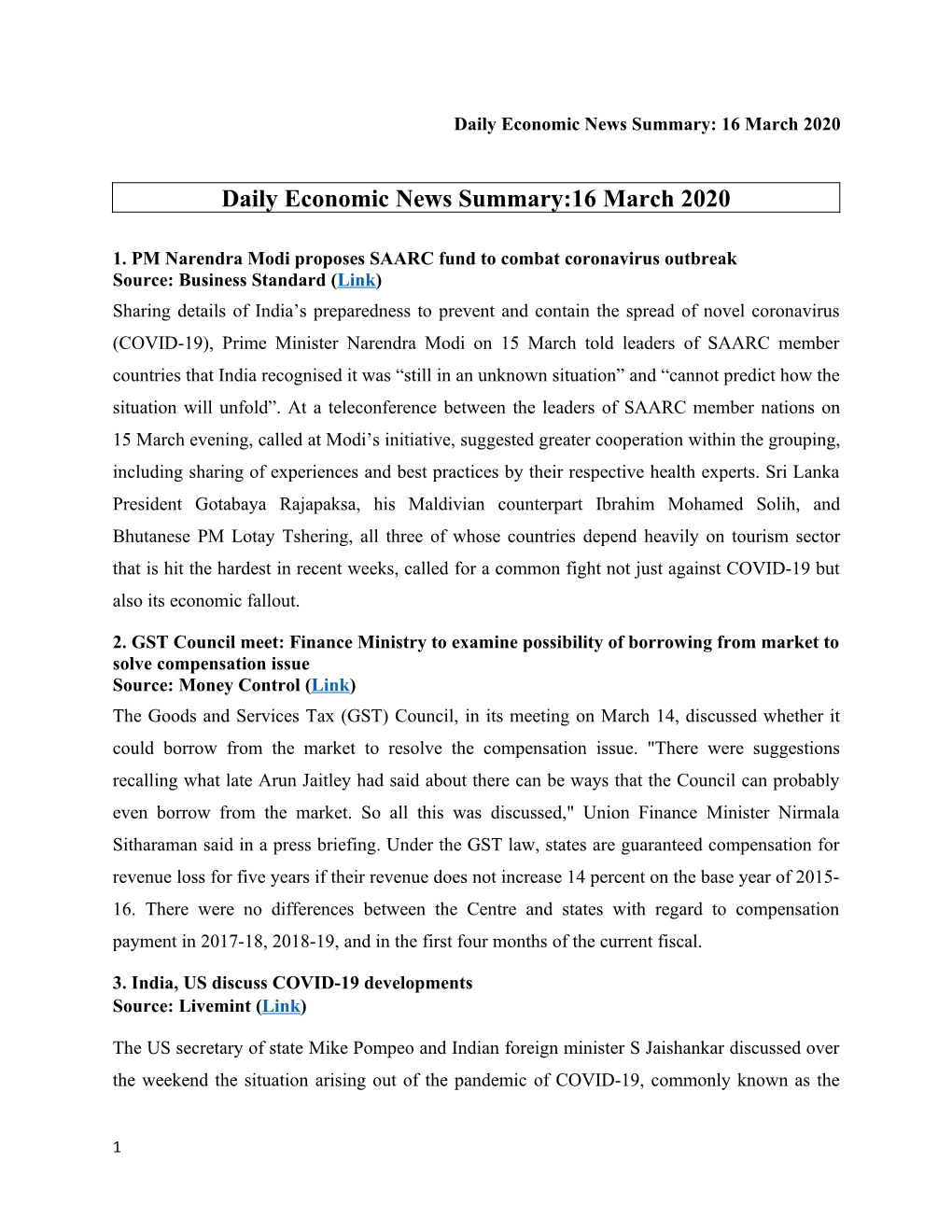 Daily Economic News Summary:16 March 2020