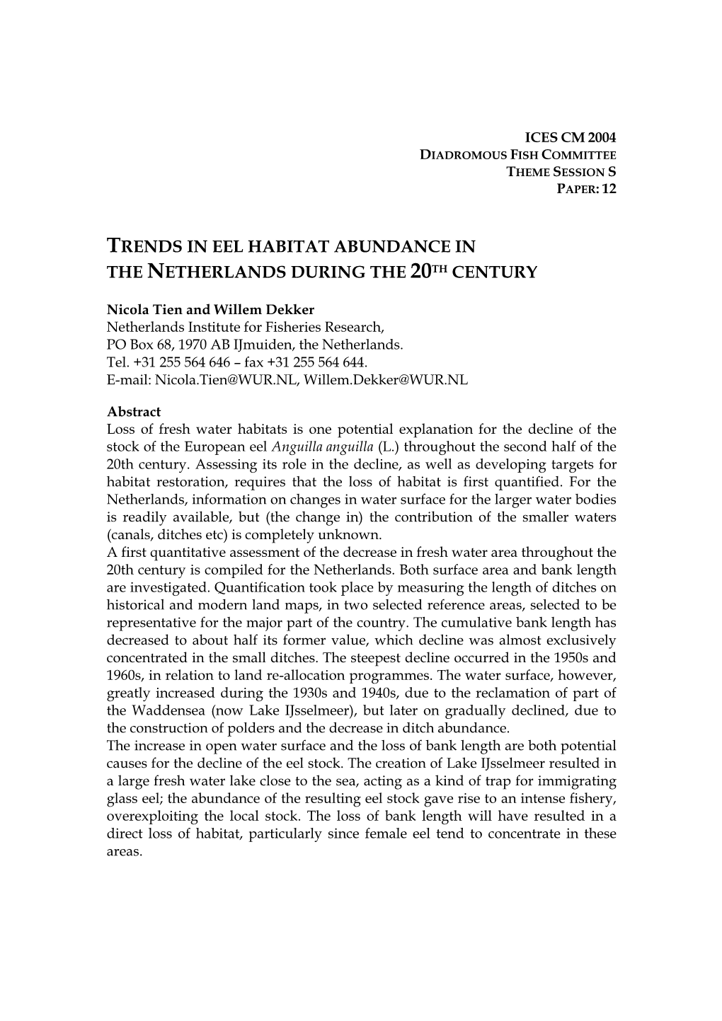 Trends in Eel Habitat Abundance in the Netherlands During the 20Th Century