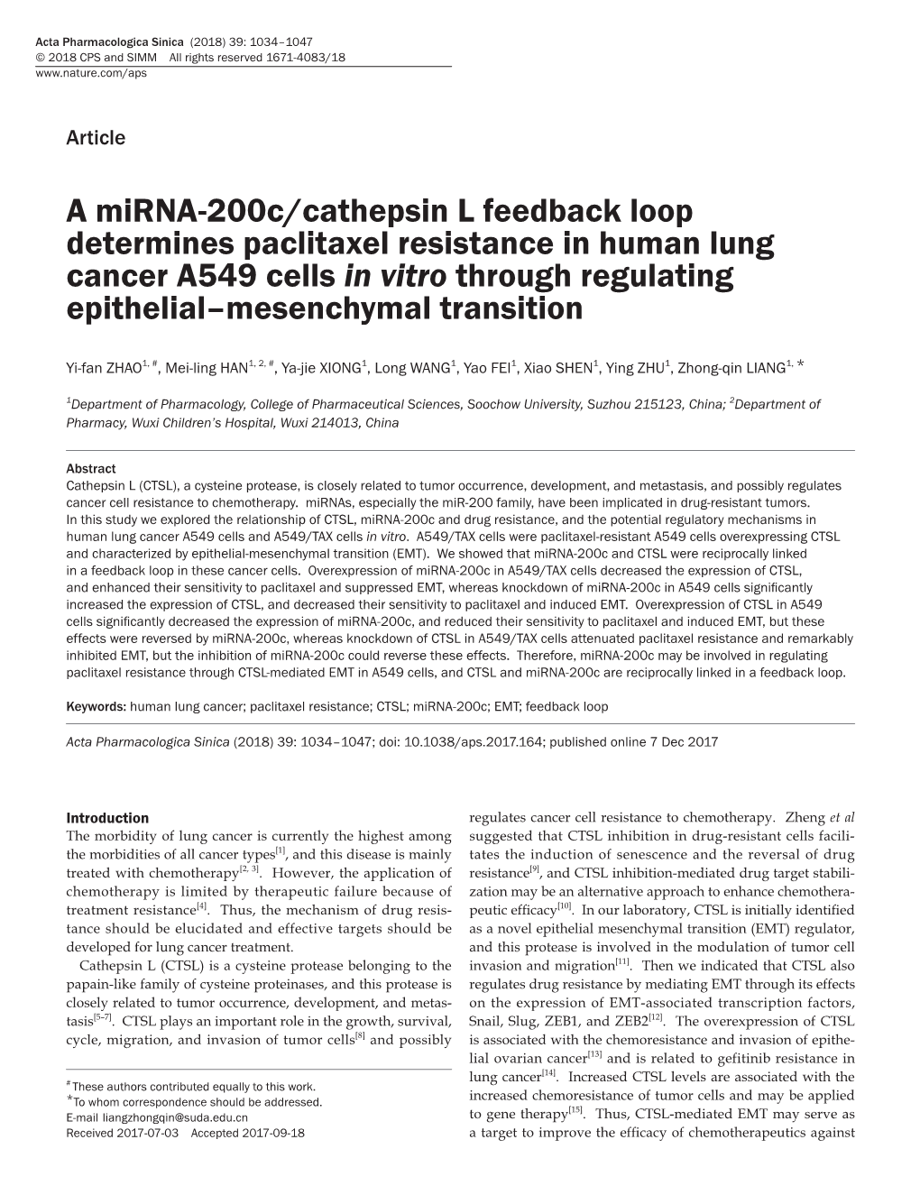 A Mirna-200C/Cathepsin L Feedback Loop Determines Paclitaxel Resistance in Human Lung Cancer A549 Cells in Vitro Through Regulating Epithelial–Mesenchymal Transition