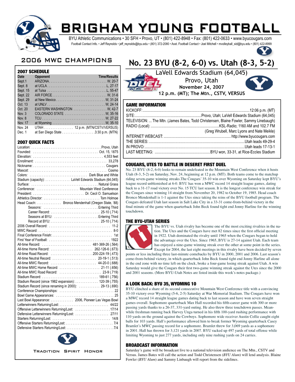 BRIGHAM YOUNG FOOTBALL BYU Athletic Communications • 30 SFH • Provo, UT • (801) 422-8948 • Fax: (801) 422-0633 • Football Contact Info