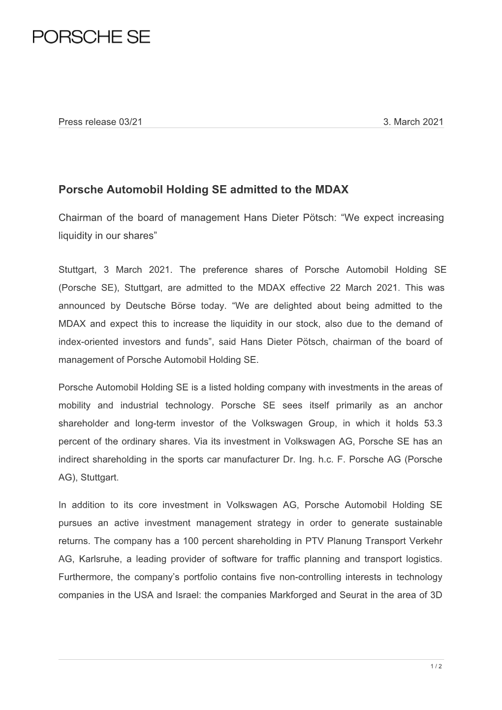 Porsche Automobil Holding SE Admitted to the MDAX
