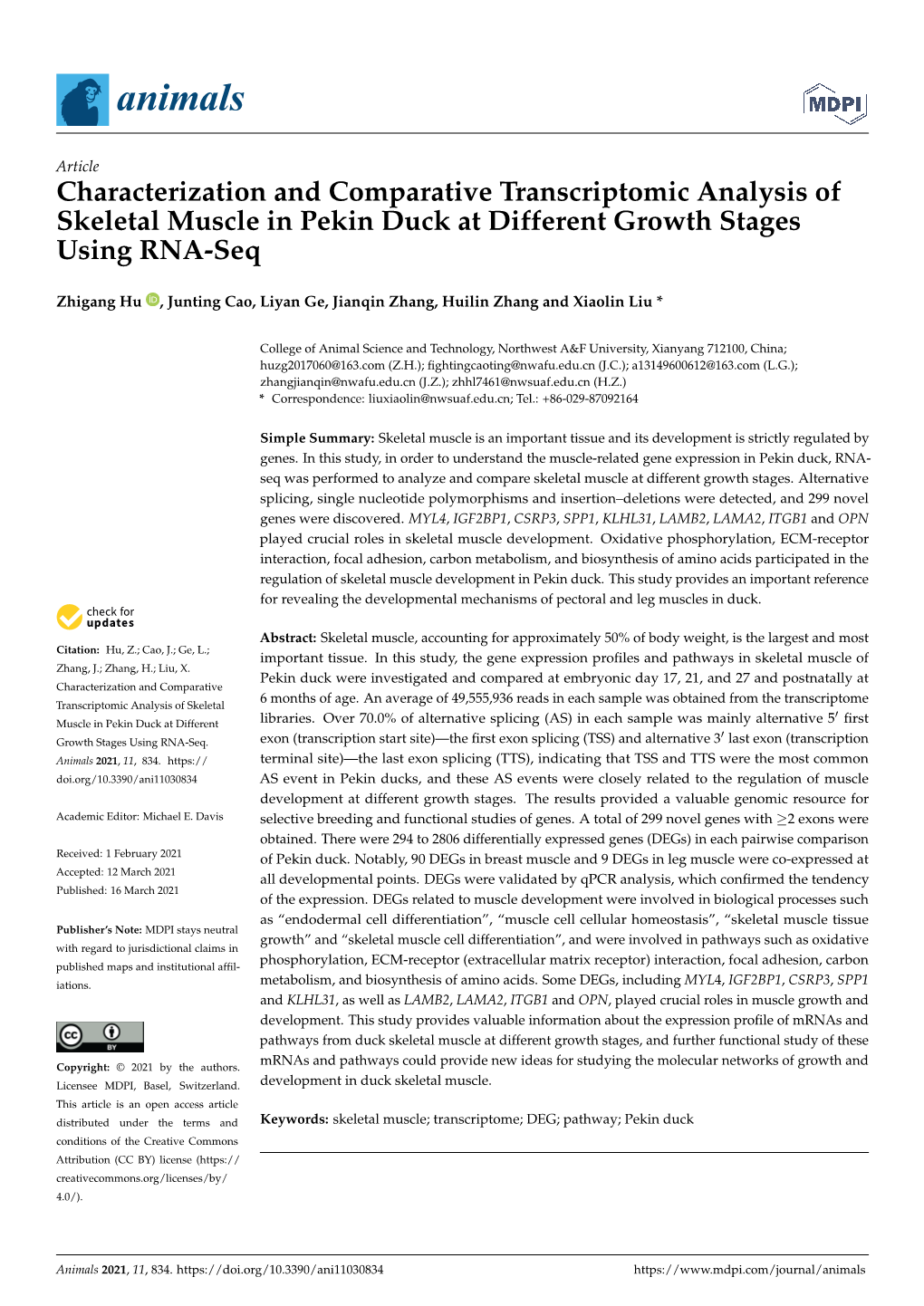 Characterization and Comparative Transcriptomic Analysis of Skeletal Muscle in Pekin Duck at Different Growth Stages Using RNA-Seq