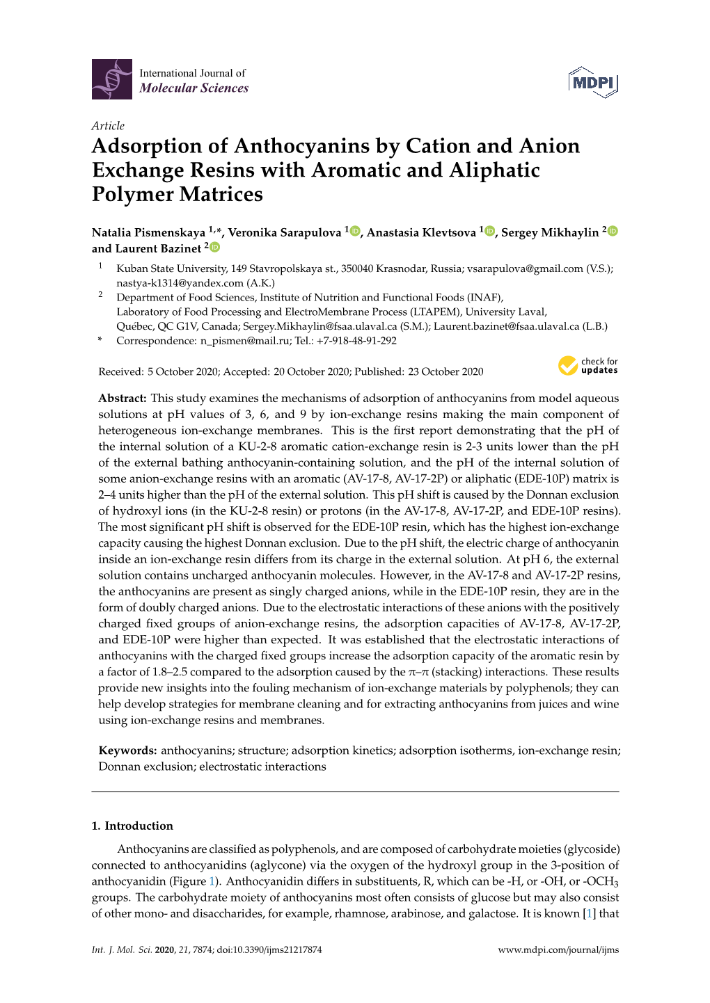 Adsorption of Anthocyanins by Cation and Anion Exchange Resins with Aromatic and Aliphatic Polymer Matrices