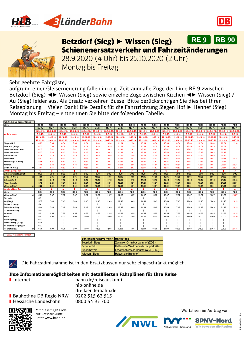 Wissen (Sieg) Schienenersatzverkehr Und Fahrzeitänderungen 28.9.2020