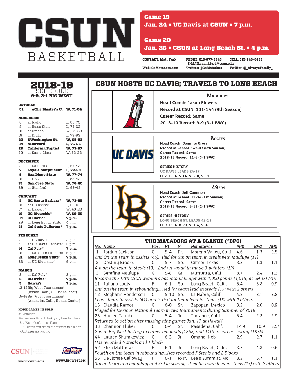 CSUN HOSTS UC DAVIS; TRAVELS to LONG BEACH 2018-19SCHEDULE 9-9, 3-1 BIG WEST Matadors Head Coach: Jason Flowers OCTOBER 31 #The Master’S U