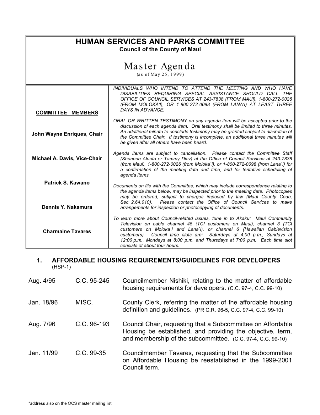 Human Services Agriculture and Housing Committee Meeting Agenda Template