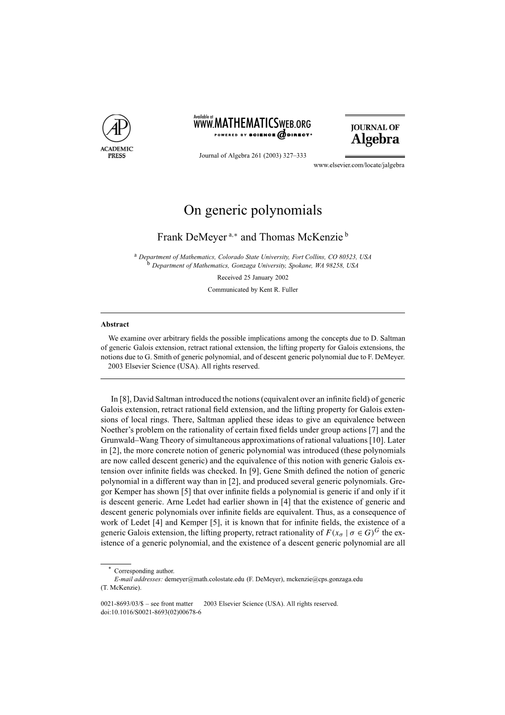 On Generic Polynomials