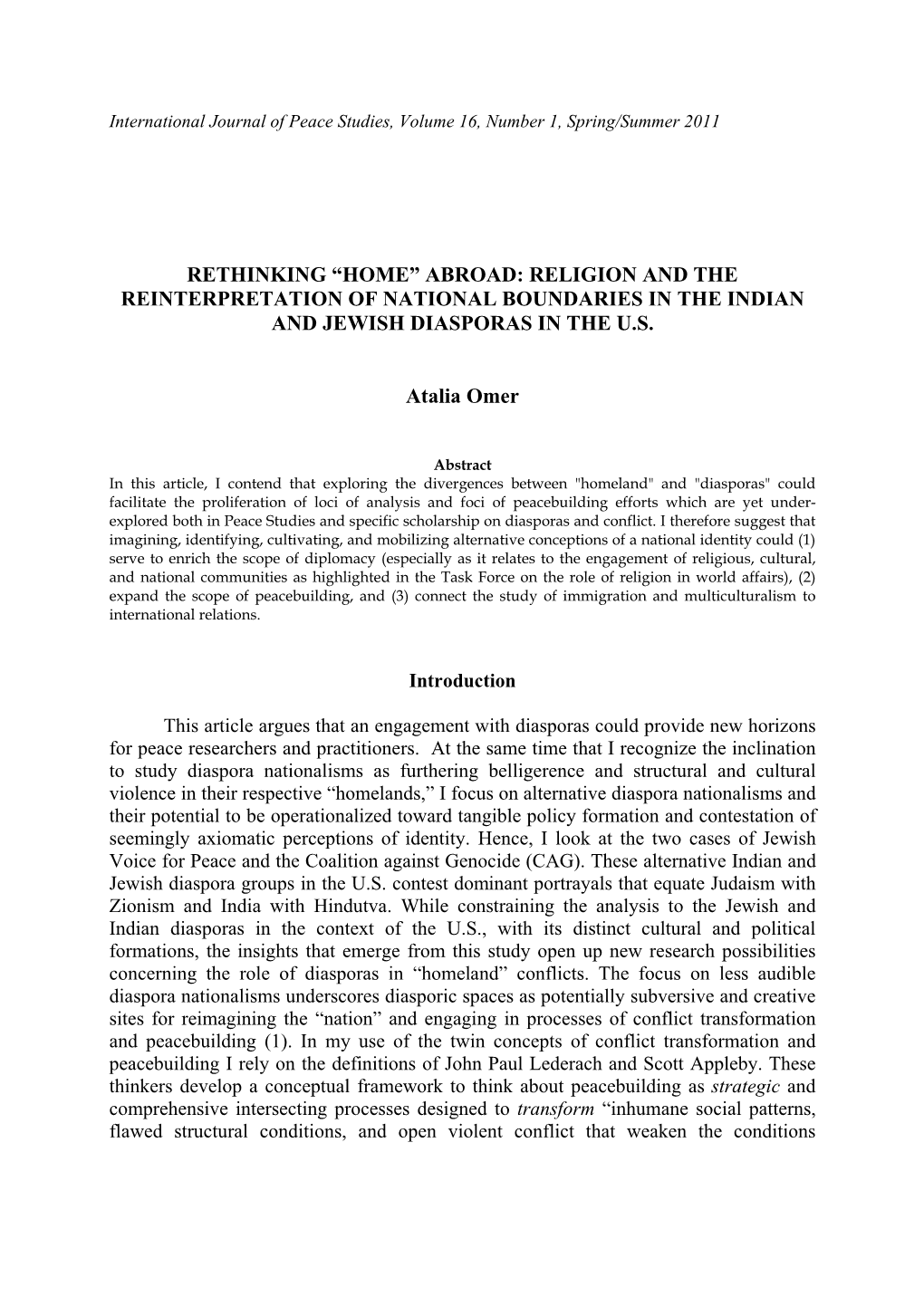 Rethinking “Home” Abroad: Religion and the Reinterpretation of National Boundaries in the Indian and Jewish Diasporas in the U.S