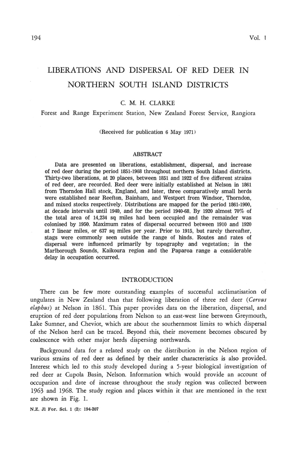 Liberations and Dispersal of Red Deer in Northern South Island Districts