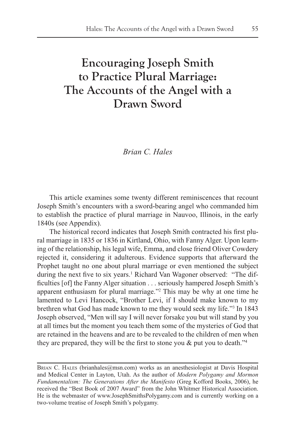 Encouraging Joseph Smith to Practice Plural Marriage: the Accounts of the Angel with a Drawn Sword