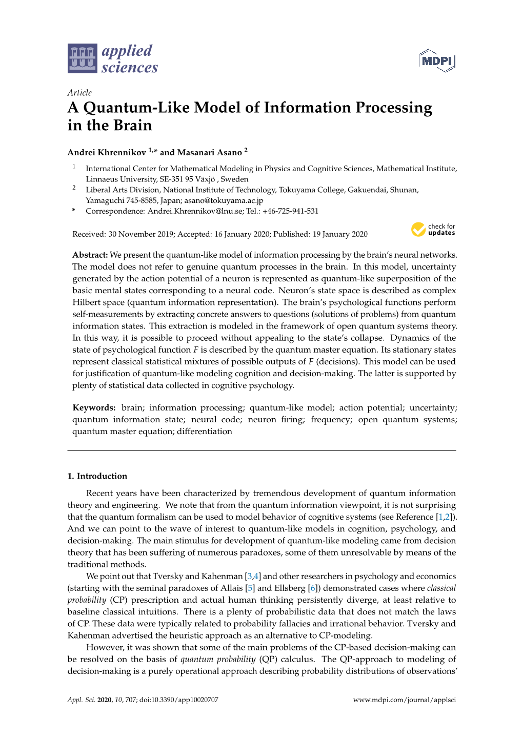 A Quantum-Like Model of Information Processing in the Brain