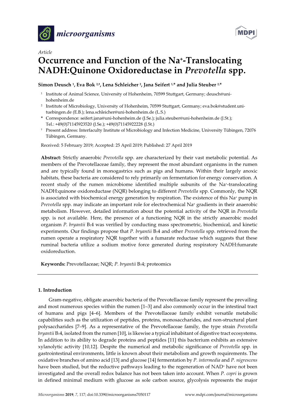 Occurrence and Function of the Na+-Translocating NADH:Quinone Oxidoreductase in Prevotella Spp