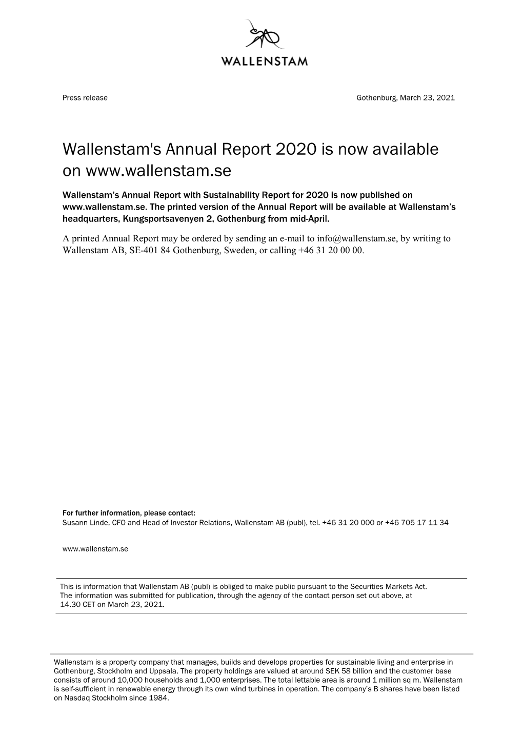 Wallenstam's Annual Report 2020 Is Now Available On