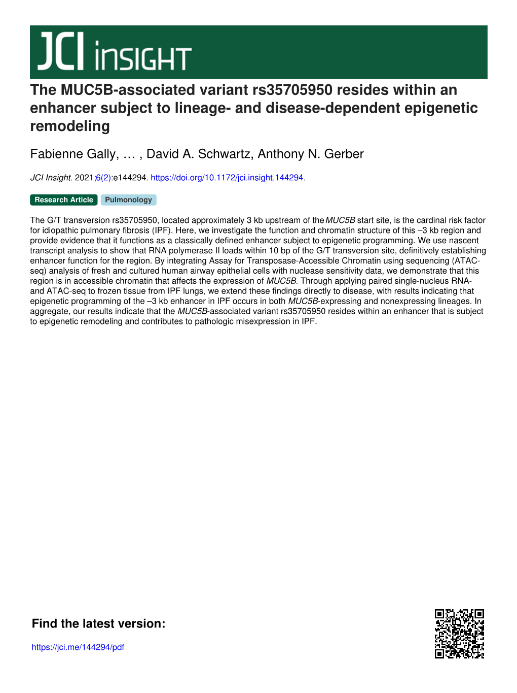 The MUC5B-Associated Variant Rs35705950 Resides Within an Enhancer Subject to Lineage- and Disease-Dependent Epigenetic Remodeling