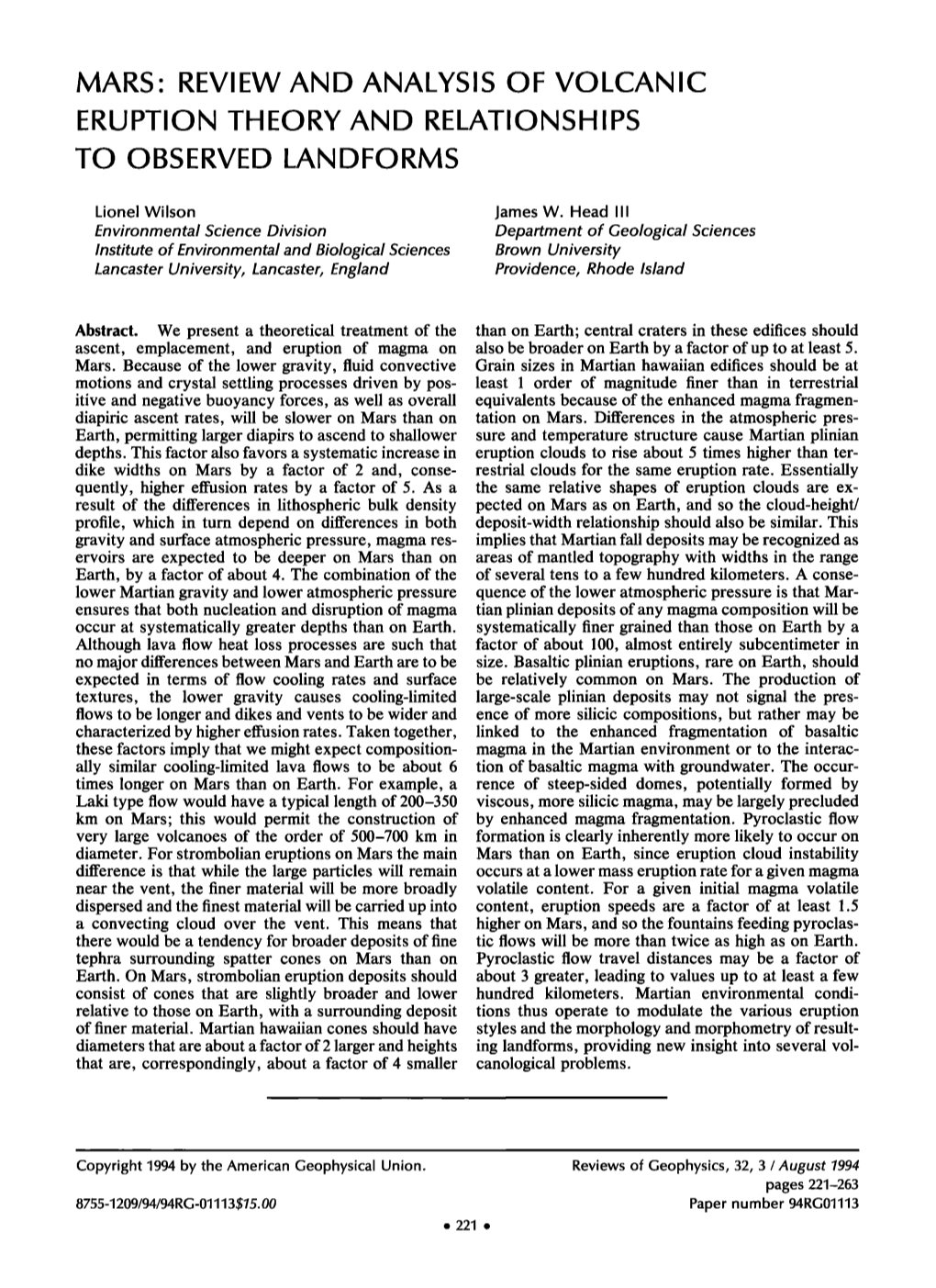 Mars∷ Review and Analysis of Volcanic Eruption Theory