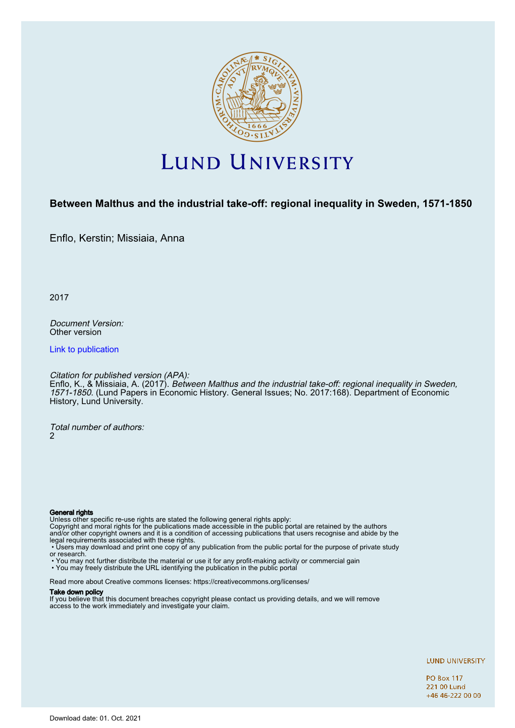 Between Malthus and the Industrial Take-Off: Regional Inequality in Sweden, 1571-1850