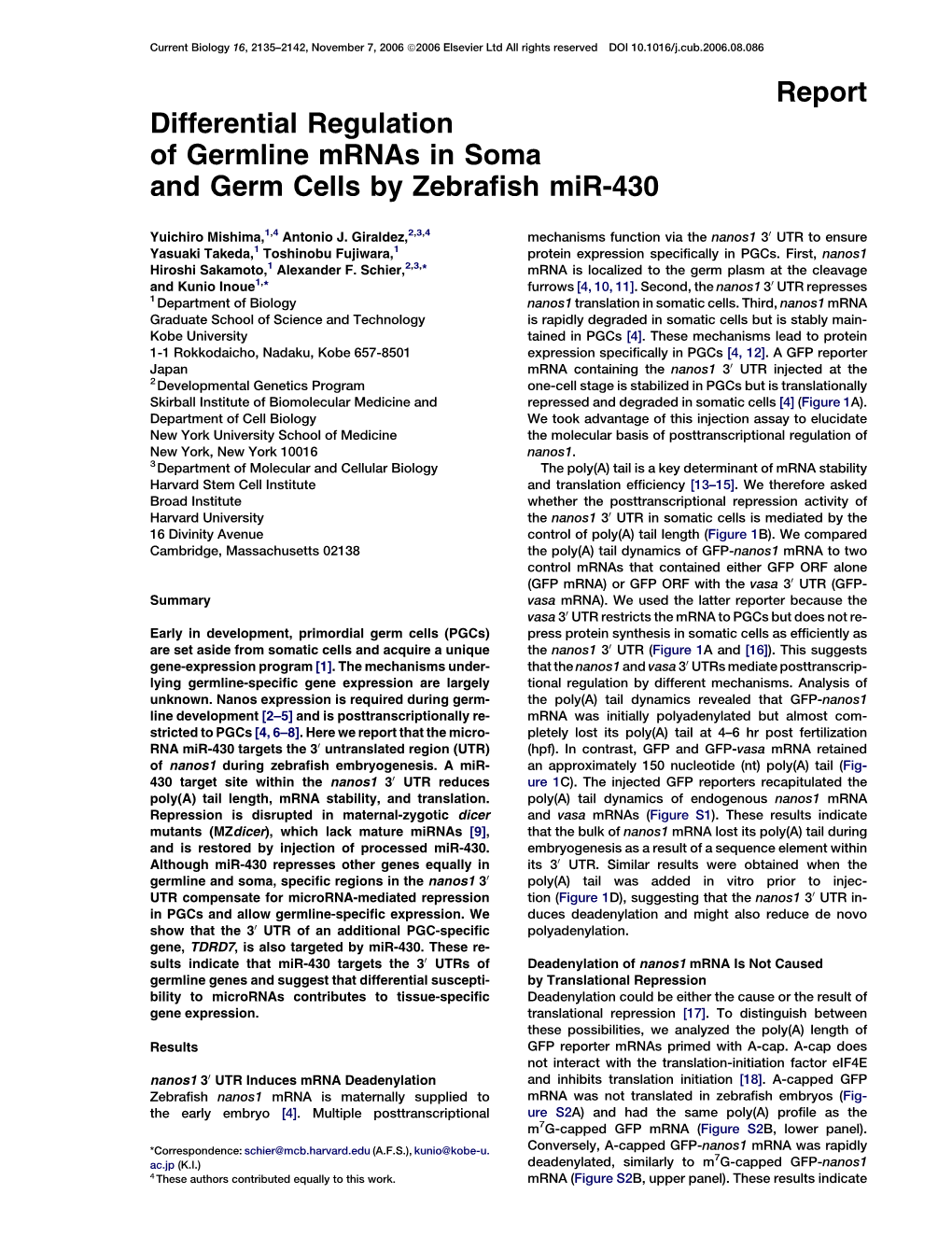 Report Differential Regulation of Germline Mrnas in Soma and Germ Cells by Zebraﬁsh Mir-430