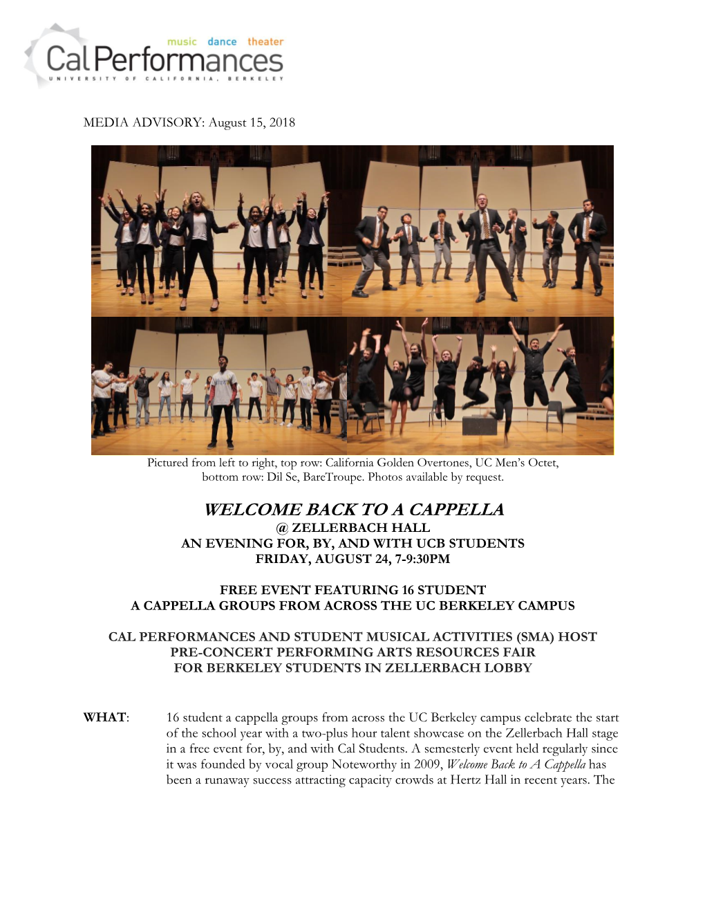 A Cappella @ Zellerbach Hall an Evening For, By, and with Ucb Students Friday, August 24, 7-9:30Pm