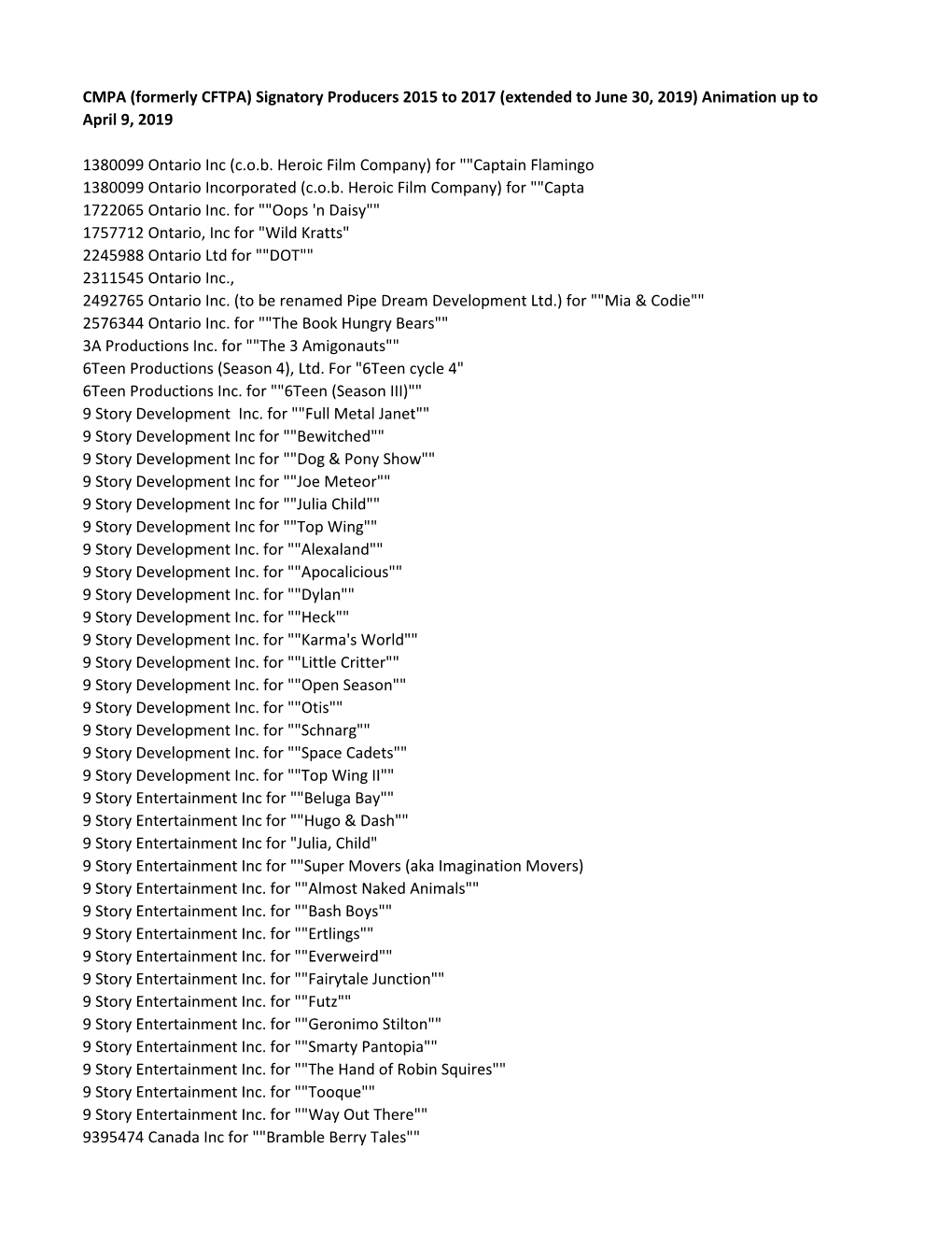 CMPA (Formerly CFTPA) Signatory Producers 2015 to 2017 (Extended to June 30, 2019) Animation up to April 9, 2019