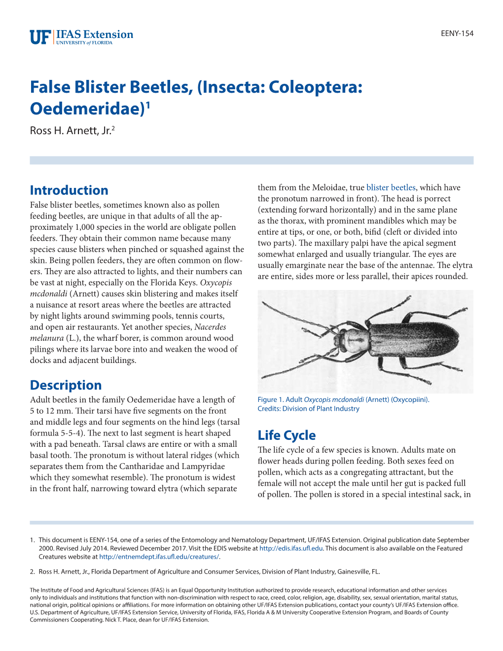 False Blister Beetles, (Insecta: Coleoptera: Oedemeridae)1 Ross H