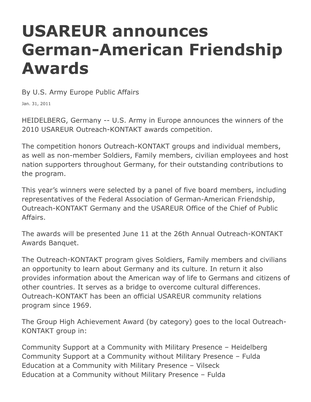USAREUR Announces German-American Friendship Awards
