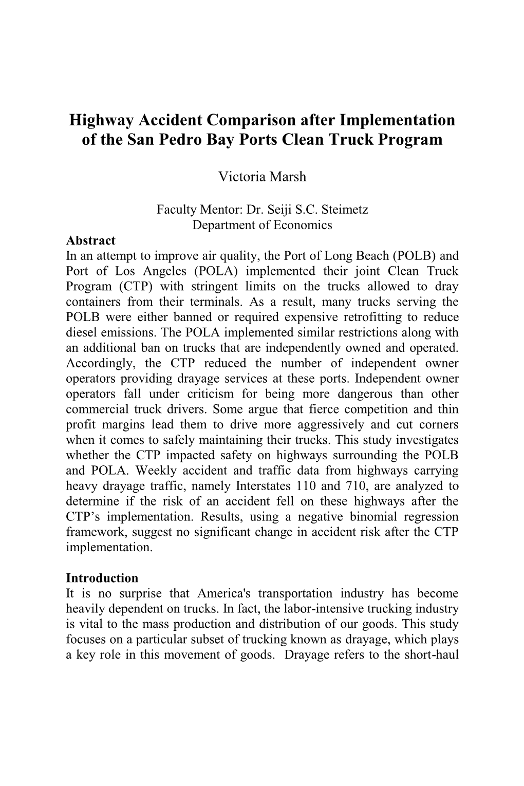Highway Accident Comparison After Implementation of the San Pedro Bay Ports Clean Truck Program