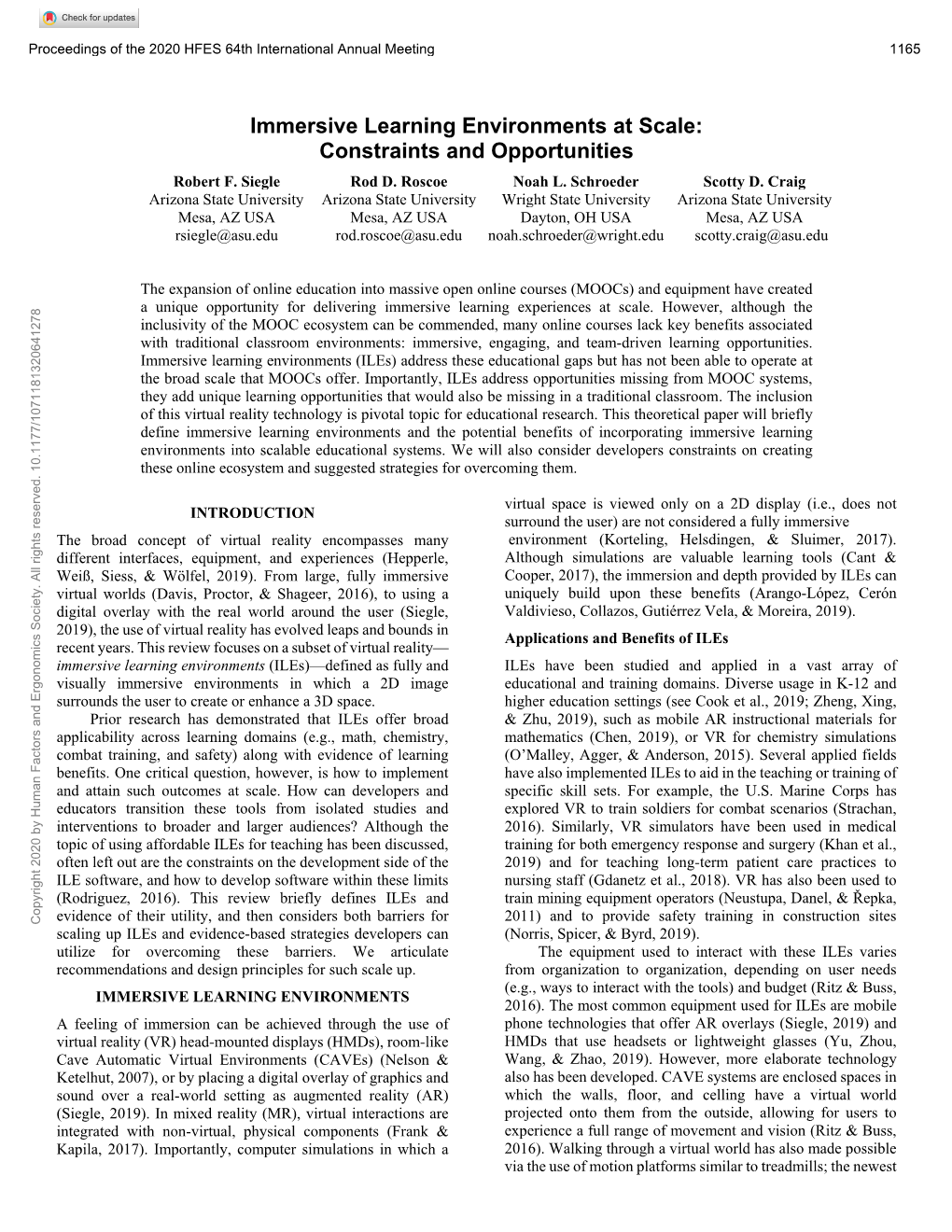 Immersive Learning Environments at Scale: Constraints and Opportunities Robert F