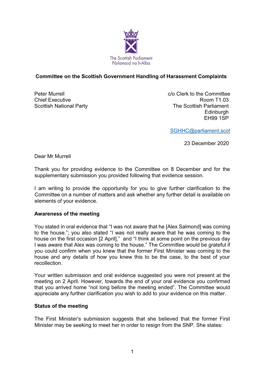 Letter from the Convener to Peter Murrell, 23