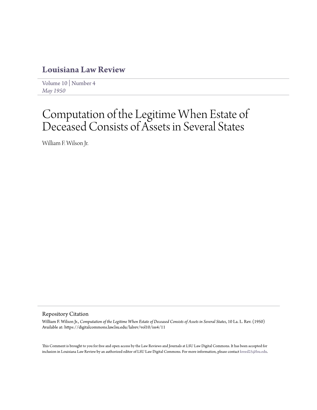 Computation of the Legitime When Estate of Deceased Consists of Assets in Several States William F