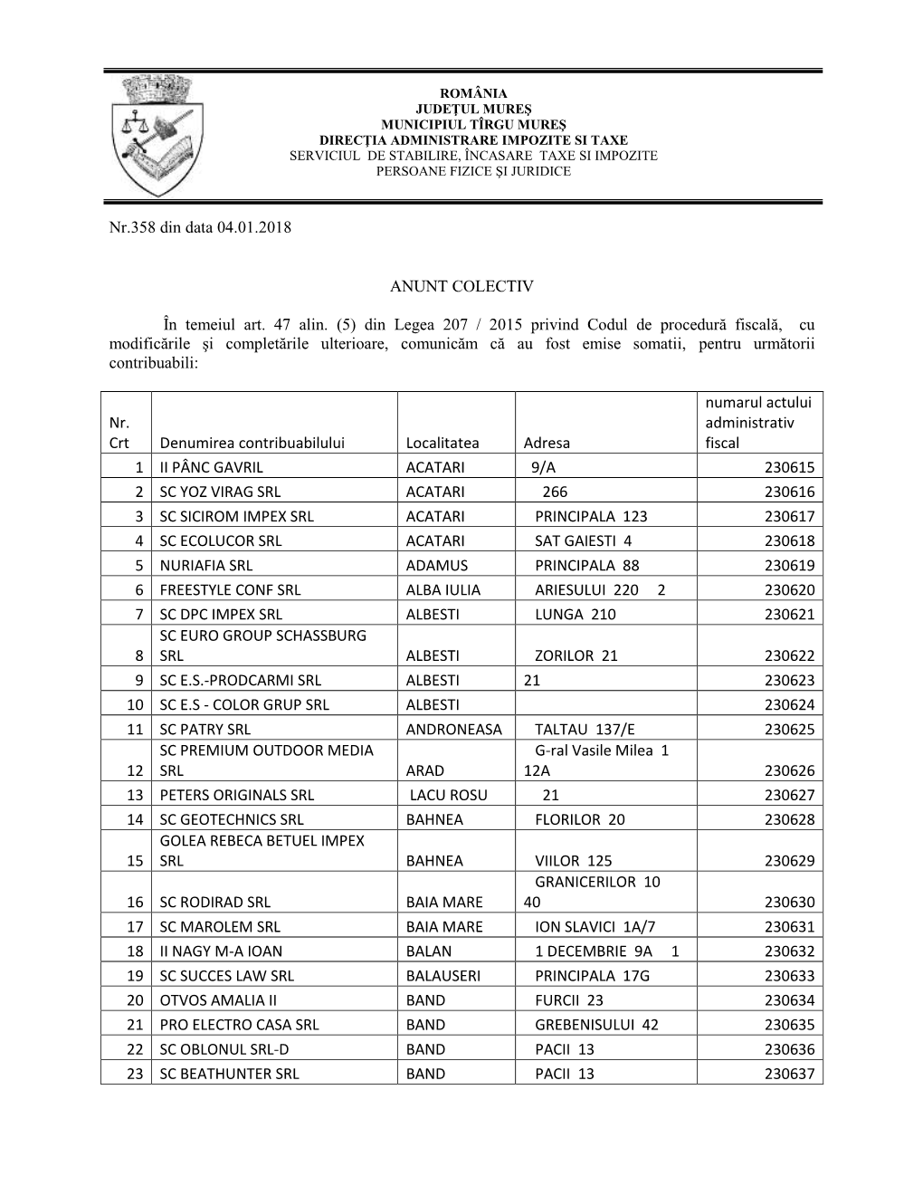 Nr.358 Din Data 04.01.2018 ANUNT COLECTIV În Temeiul Art. 47 Alin