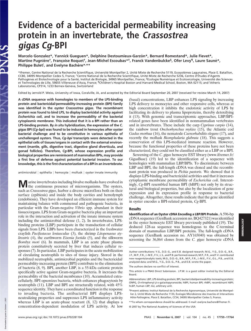 Evidence of a Bactericidal Permeability Increasing Protein in an Invertebrate, the Crassostrea Gigas Cg-BPI