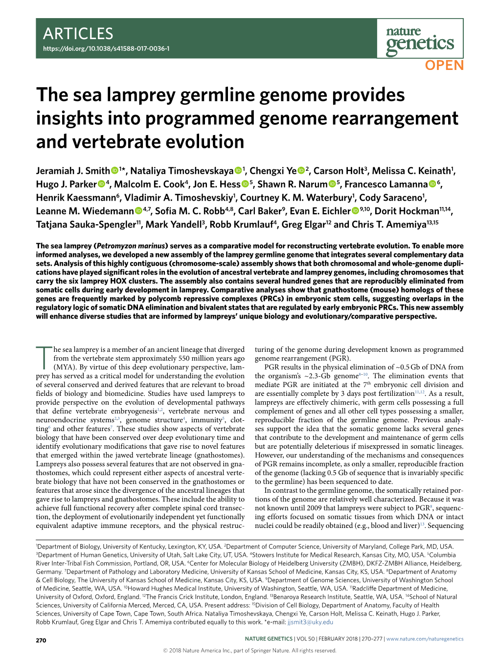 The Sea Lamprey Germline Genome Provides Insights Into Programmed Genome Rearrangement and Vertebrate Evolution