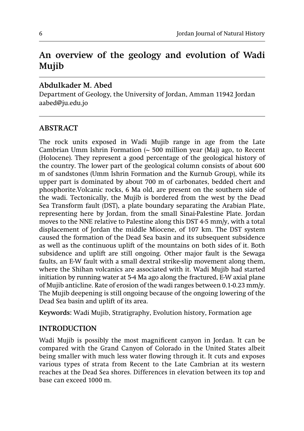 An Overview of the Geology and Evolution of Wadi Mujib