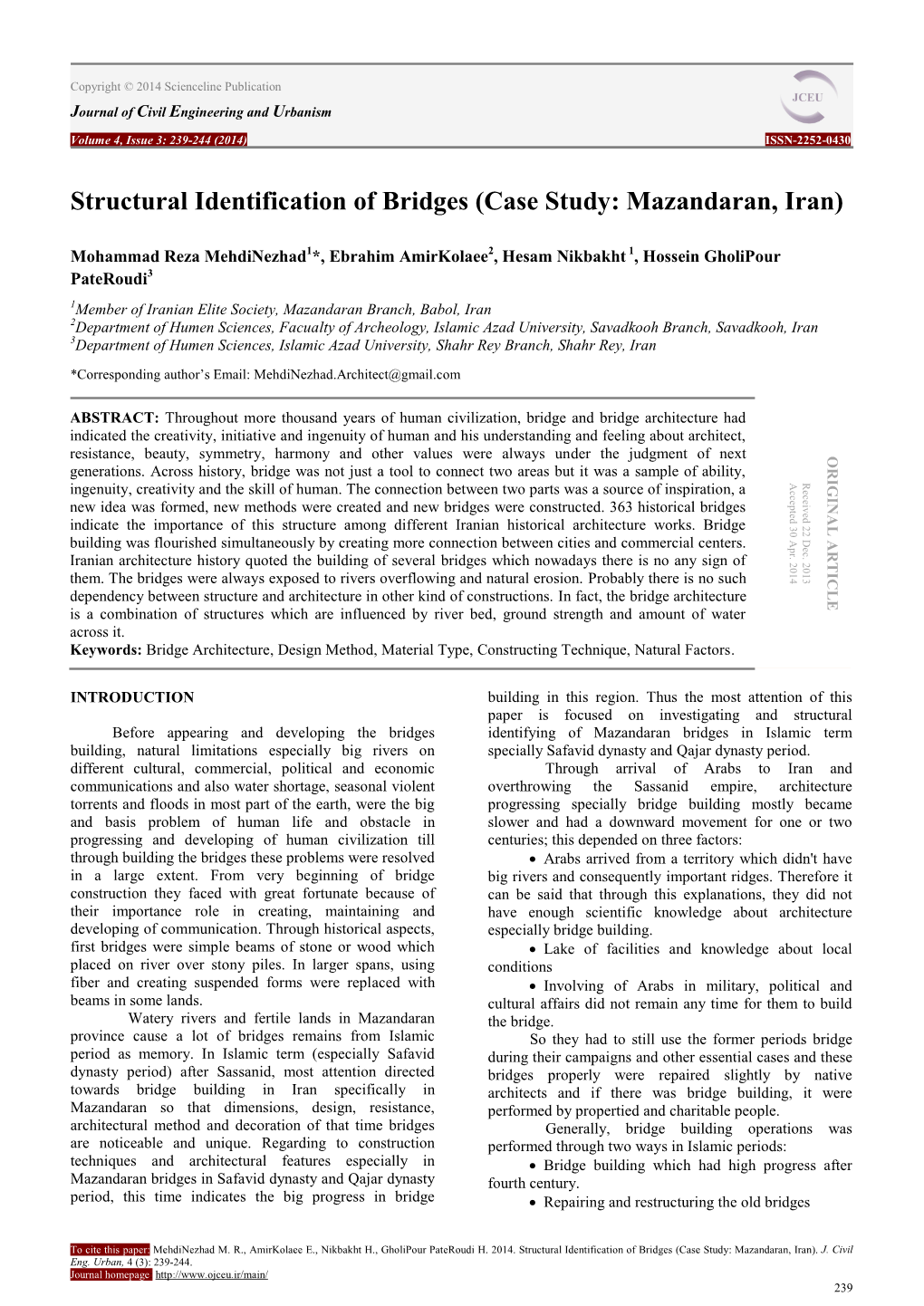 Structural Identification of Bridges (Case Study: Mazandaran, Iran)