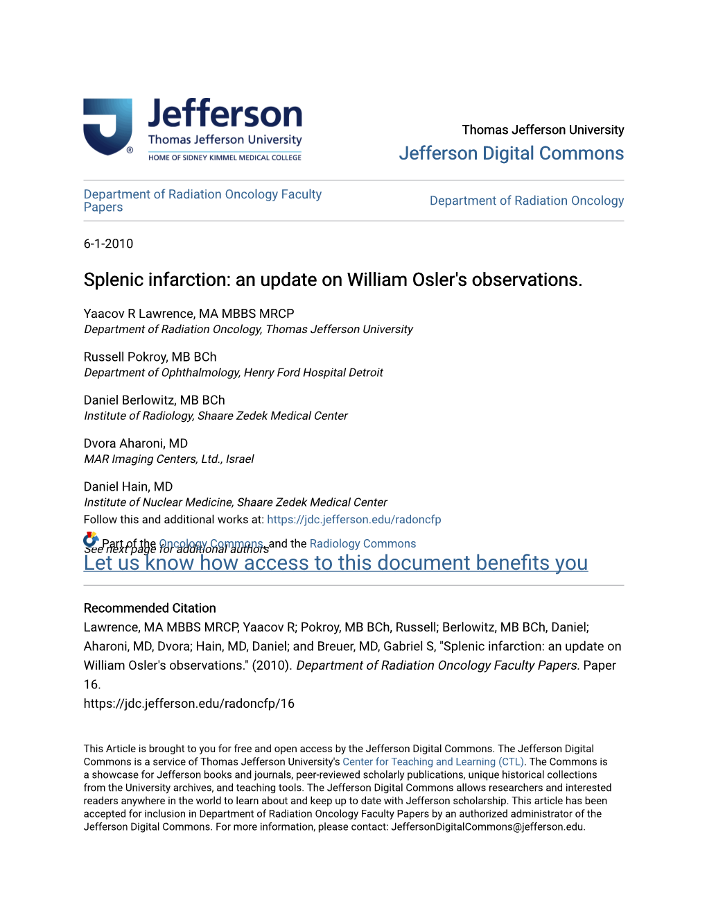 Splenic Infarction: an Update on William Osler's Observations