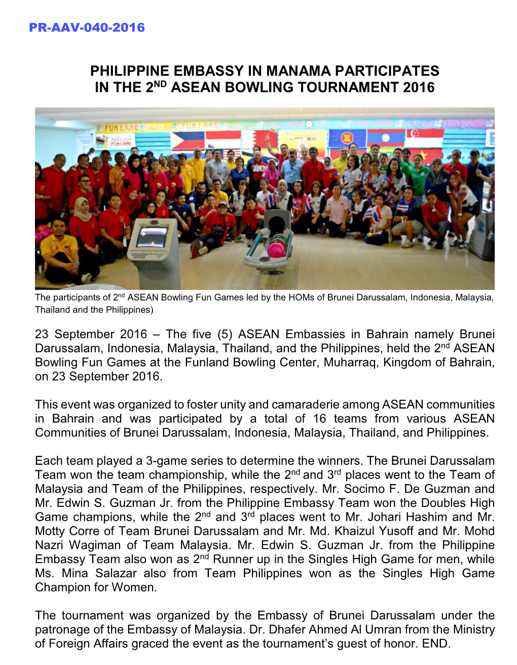 Philippine Embassy in Manama Participates in the 2Nd Asean Bowling Tournament 2016