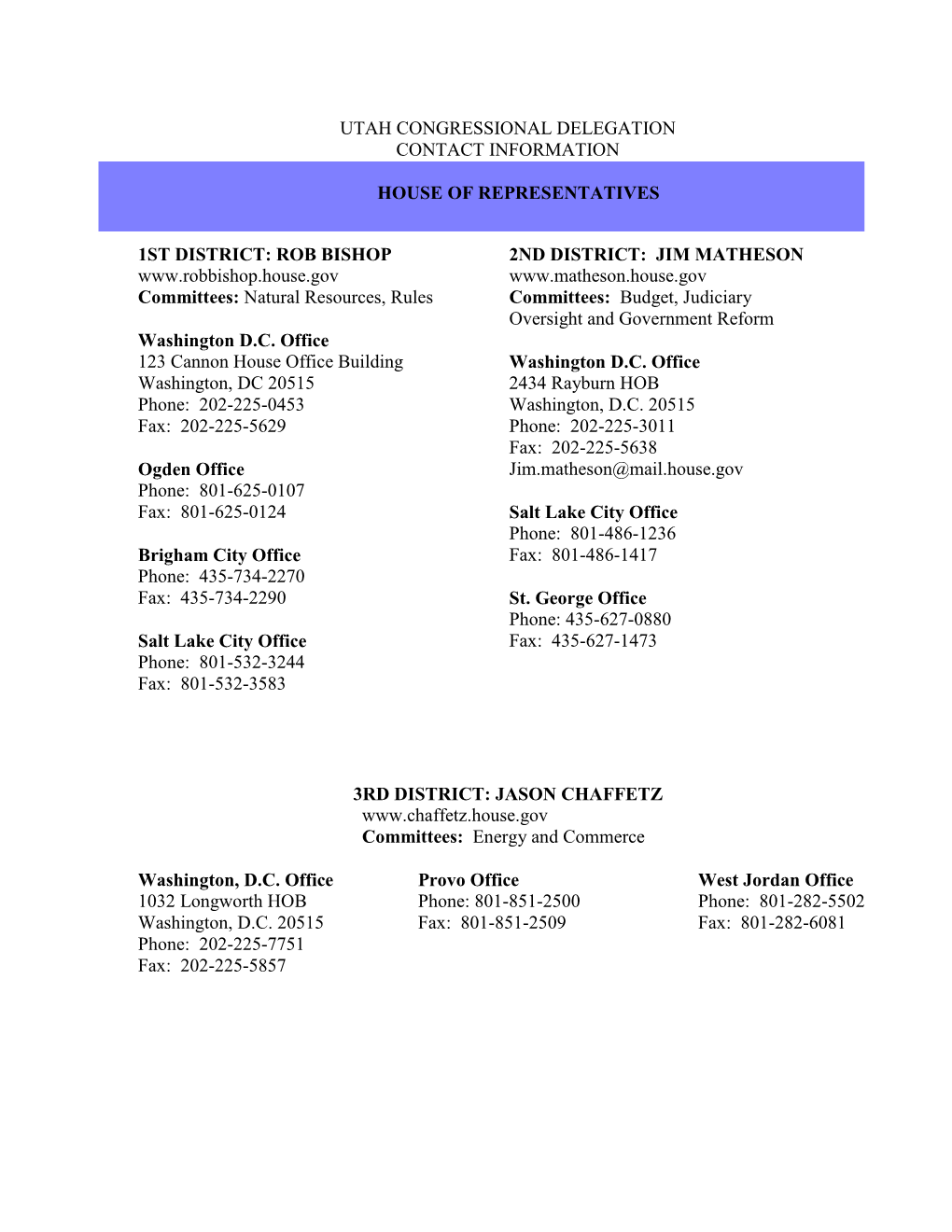 Utah Congressional Delegation Contact Information House of Representatives 3Rd District: Jason Chaffetz C