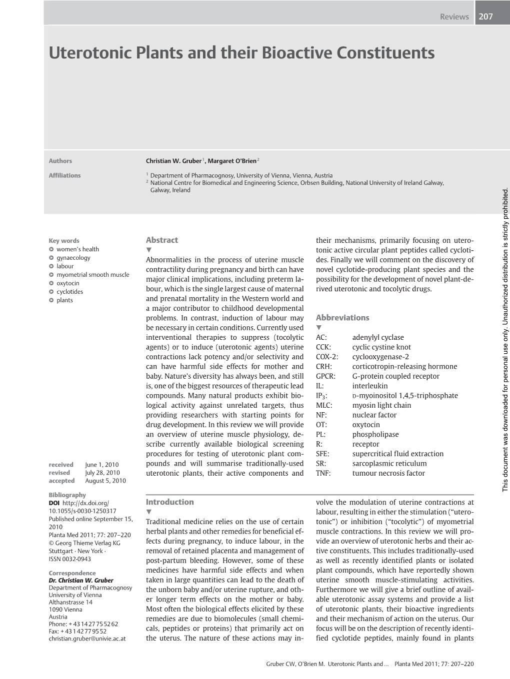 Uterotonic Plants and Their Bioactive Constituents