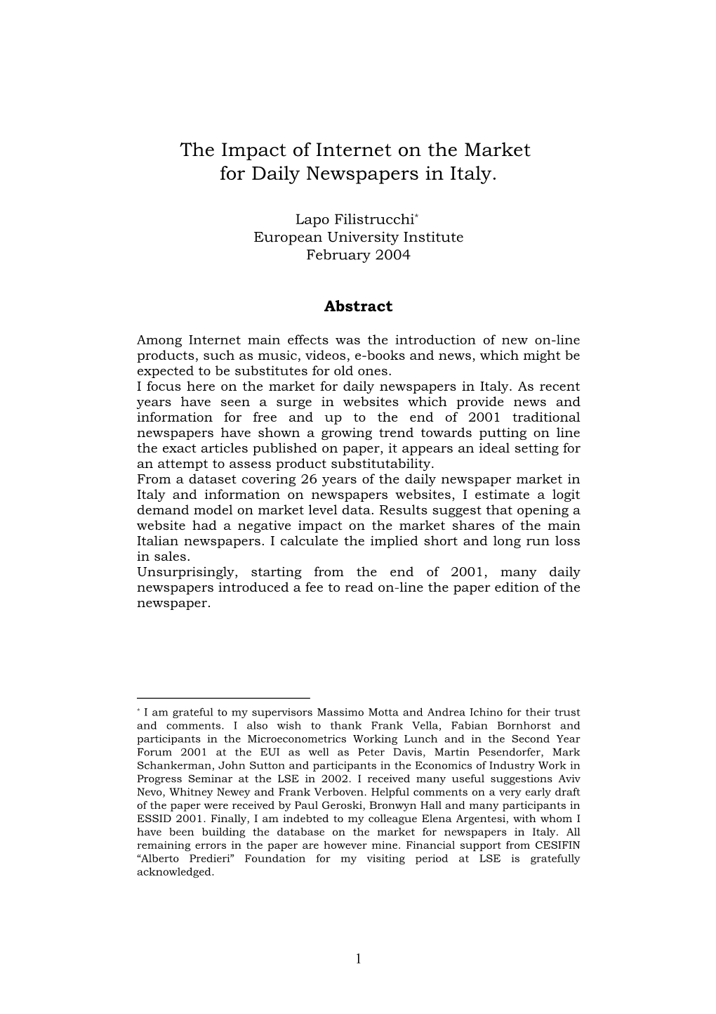 The Impact of Internet on the Market for Newspapers in Italy