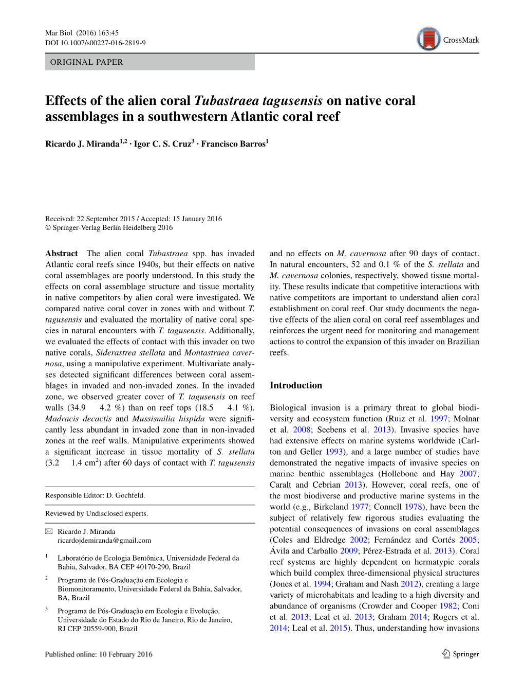 Effects of the Alien Coral Tubastraea Tagusensis on Native Coral Assemblages in a Southwestern Atlantic Coral Reef