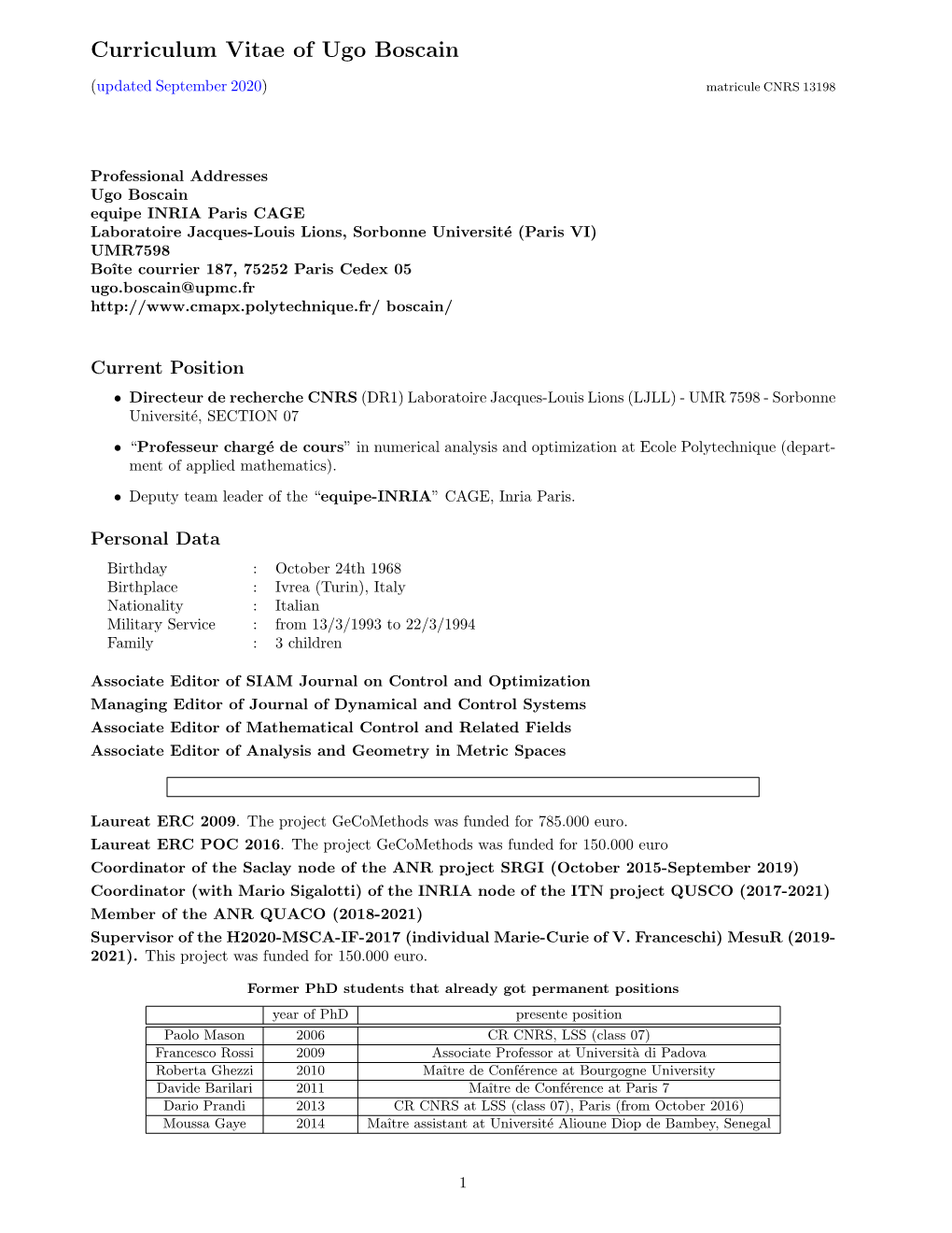 Curriculum Vitae of Ugo Boscain