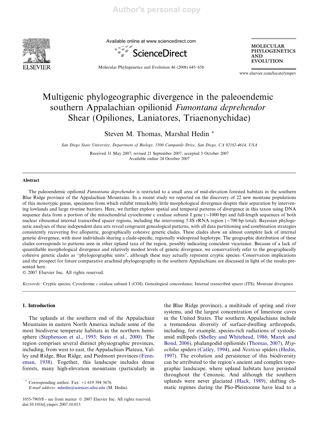 Multigenic Phylogeographic Divergence in the Paleoendemic Southern Appalachian Opilionid Fumontana Deprehendor Shear (Opiliones, Laniatores, Triaenonychidae)