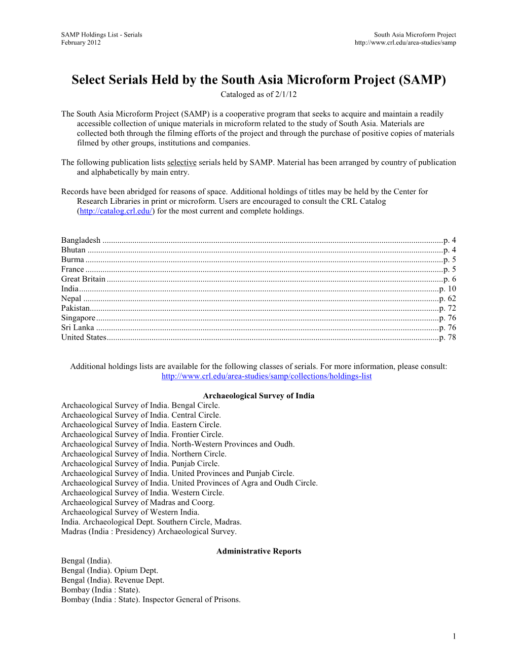 Selected Serials Held By