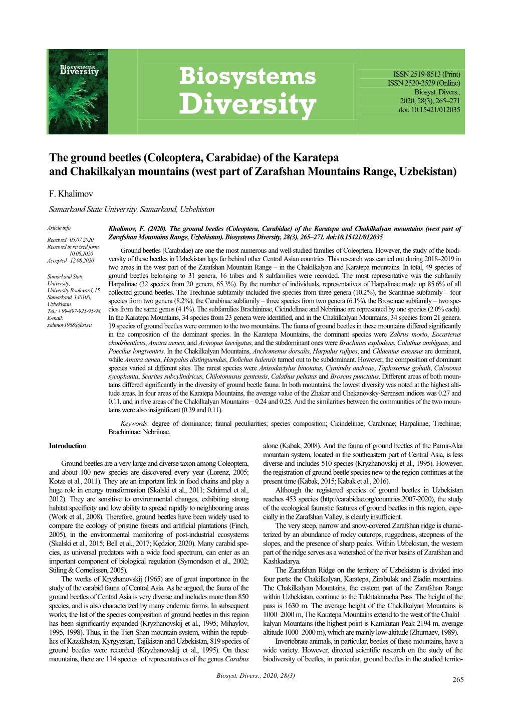 Biosystems Diversity, 28(3), 265–271