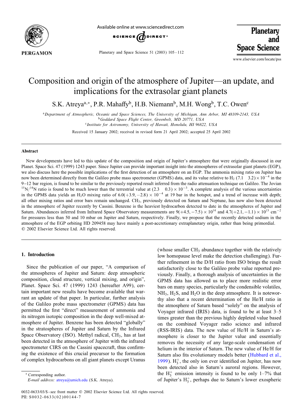 Composition and Origin of the Atmosphere of Jupiter—An Update, and Implications for the Extrasolar Giant Planets S.K