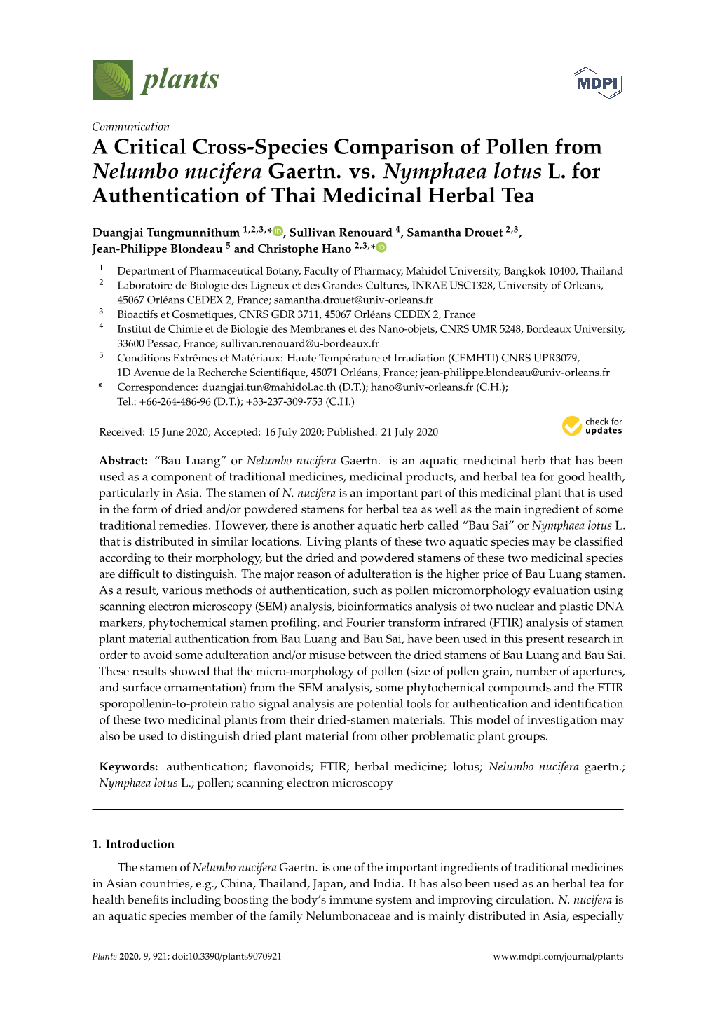 A Critical Cross-Species Comparison of Pollen from Nelumbo Nucifera Gaertn