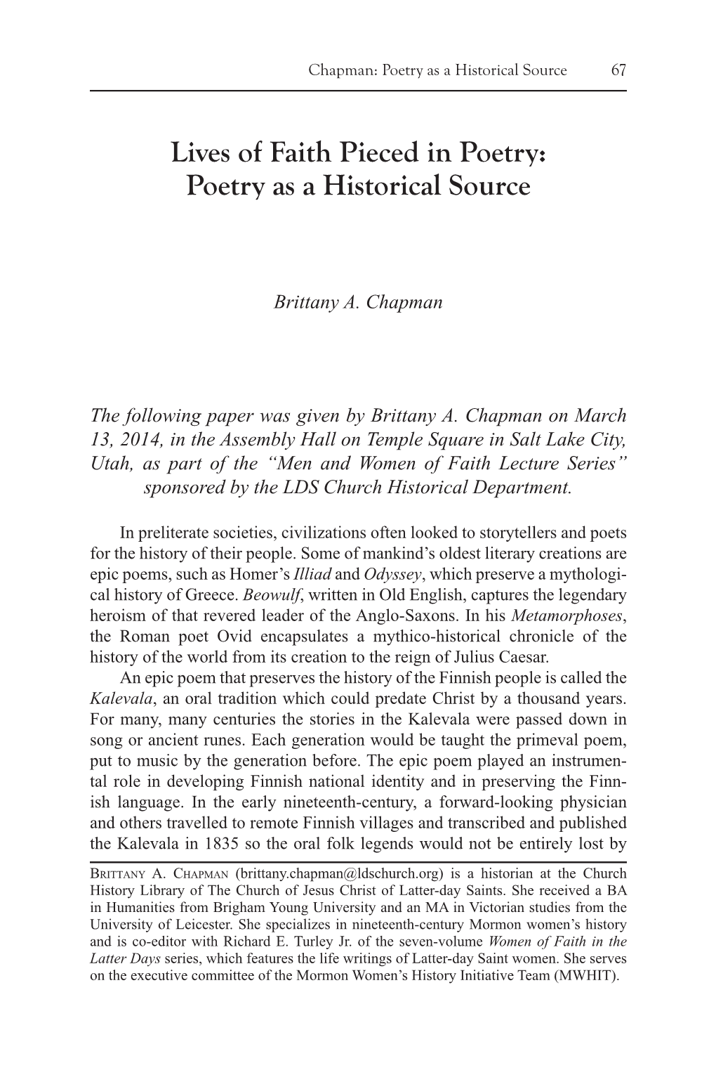 Lives of Faith Pieced in Poetry: Poetry As a Historical Source