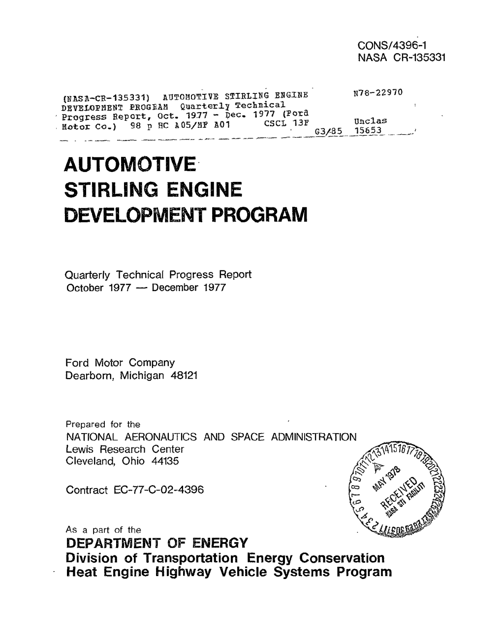 Automotive- Stirling Engine Development Program