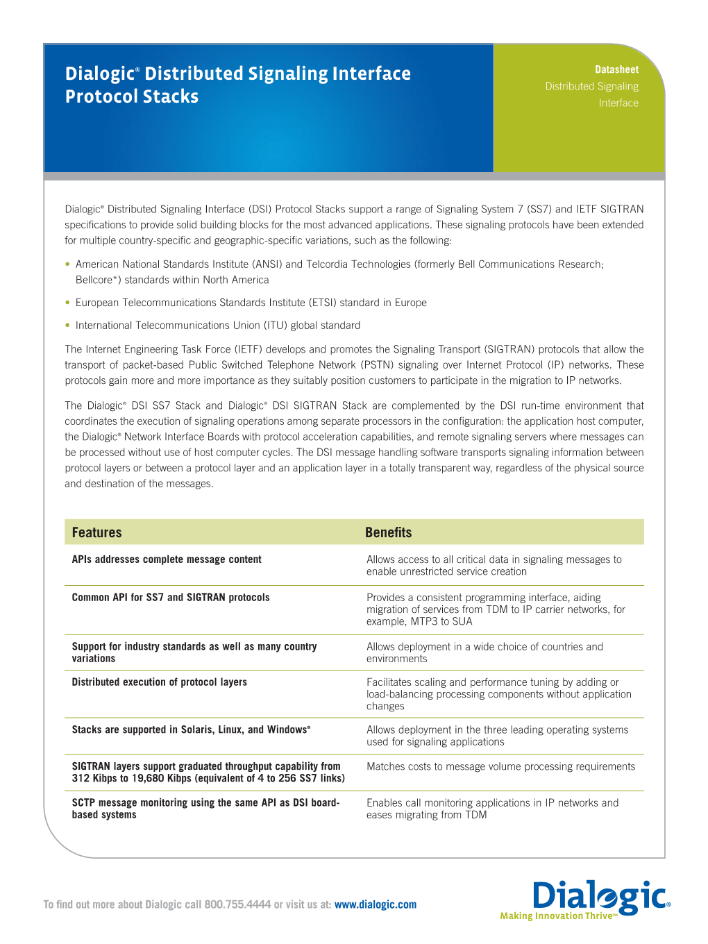 Dialogic® Distributed Signaling Interface Protocol Stacks