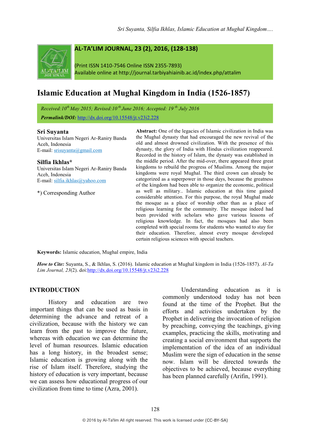 Islamic Education at Mughal Kingdom in India (1526-1857)
